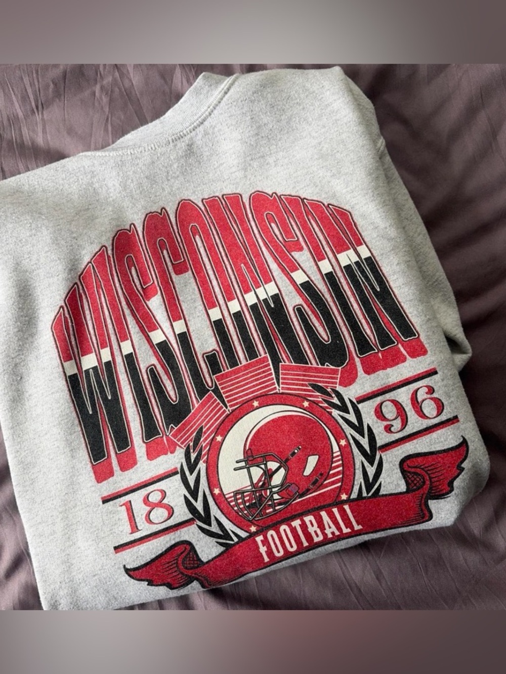 Wisconsin Football Gray Crewneck Sweatshirt - Red & Black Graphic Size S